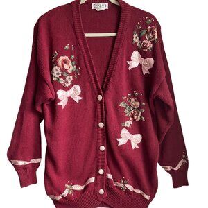 VTG Burgundy Pink Cardigan Floral Satin Bow Embroidered Cottagecore Feminine
